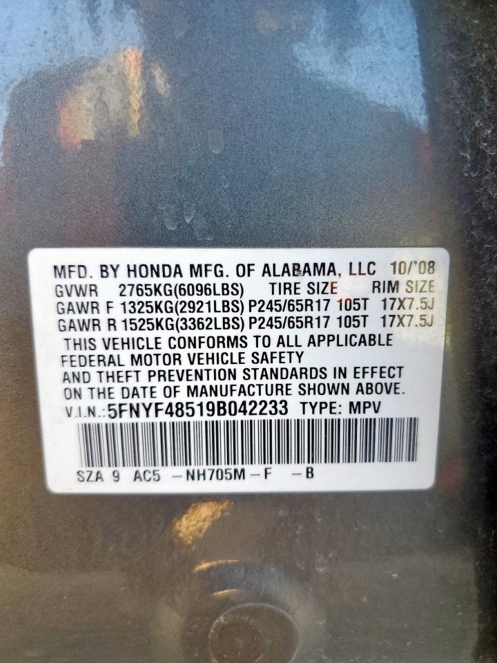 2009 Honda Pilot Exl VIN: 5FNYF48519B042233 Lot: 85939045