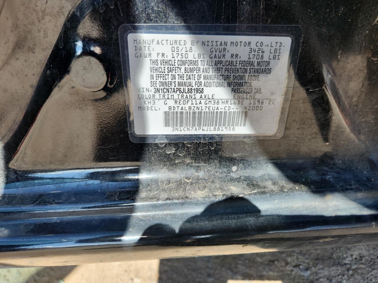 2018 Nissan Versa S VIN: 3N1CN7AP6JL881958 Lot: 82246925