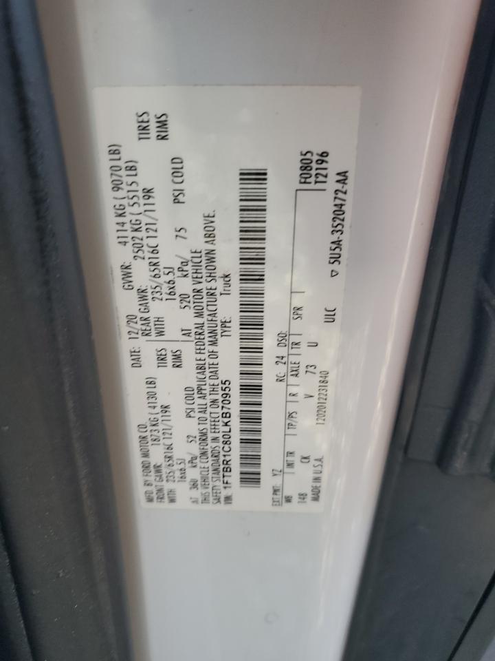 2020 Ford Transit T-250 VIN: 1FTBR1C80LKB70955 Lot: 85074645