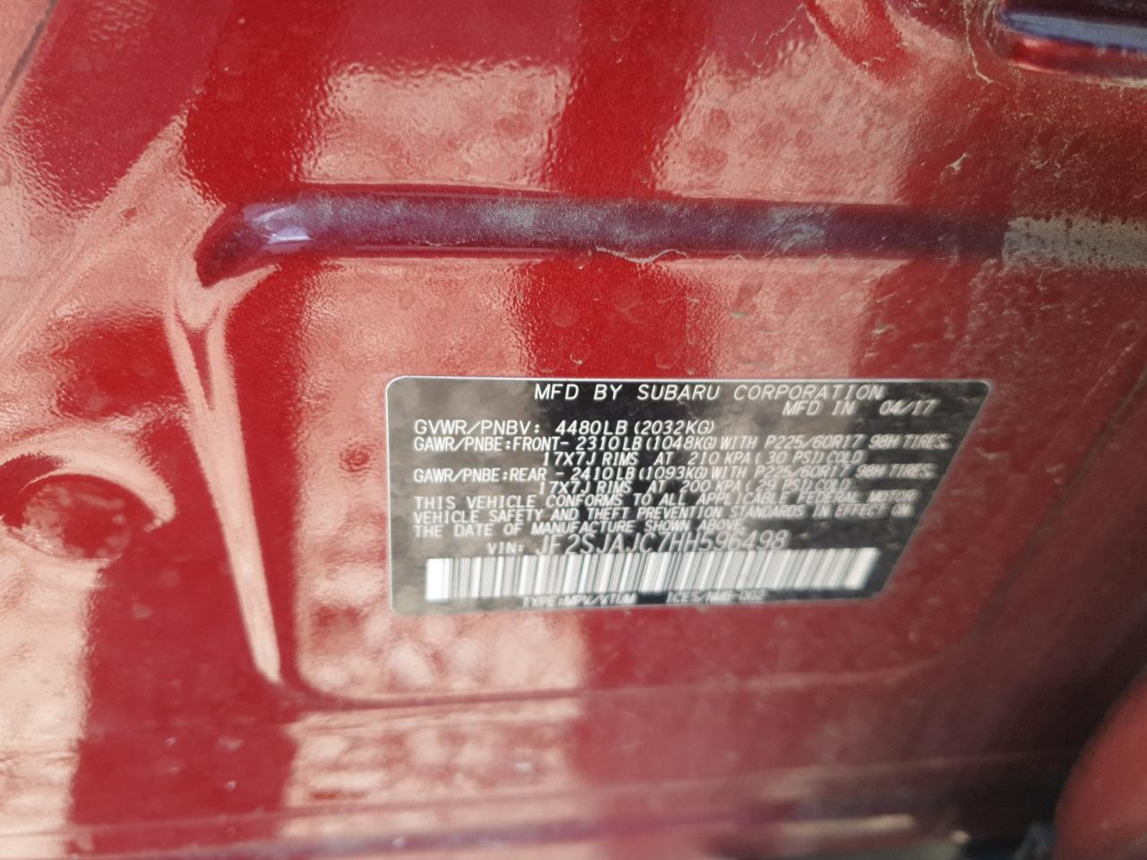 2017 Subaru Forester 2.5I Limited VIN: JF2SJAJC7HH596498 Lot: 85901895