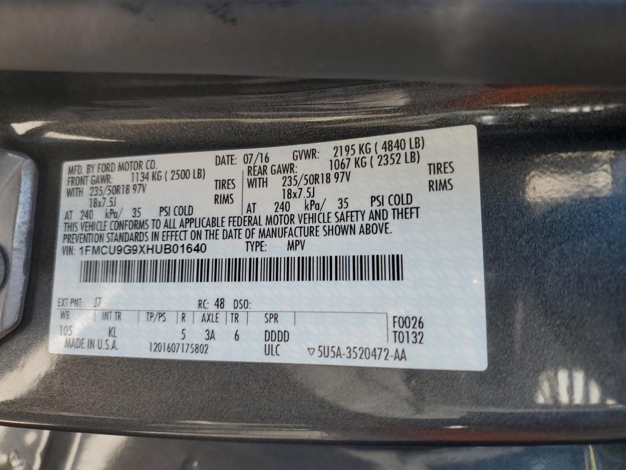 2017 Ford Escape Se VIN: 1FMCU9G9XHUB01640 Lot: 85384935