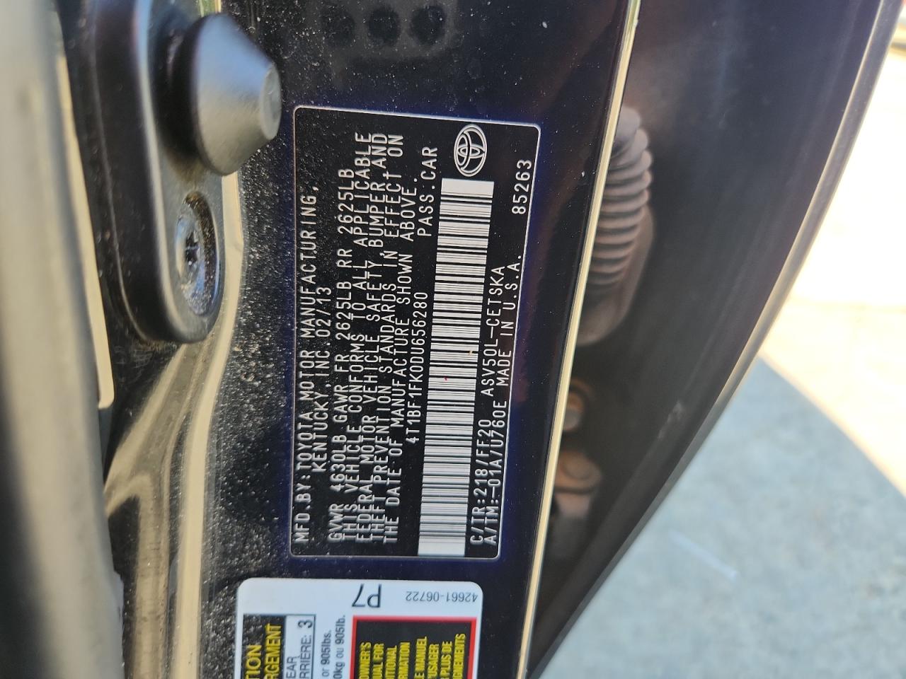 2013 Toyota Camry L VIN: 4T1BF1FK0DU656280 Lot: 82005785