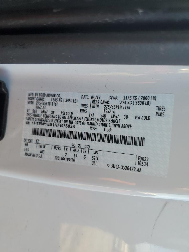 2019 Ford F150 Supercrew VIN: 1FTEW1E51KFB76036 Lot: 82339455