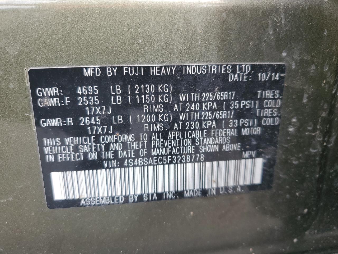 2015 Subaru Outback 2.5I Premium VIN: 4S4BSAEC5F3238778 Lot: 82284915