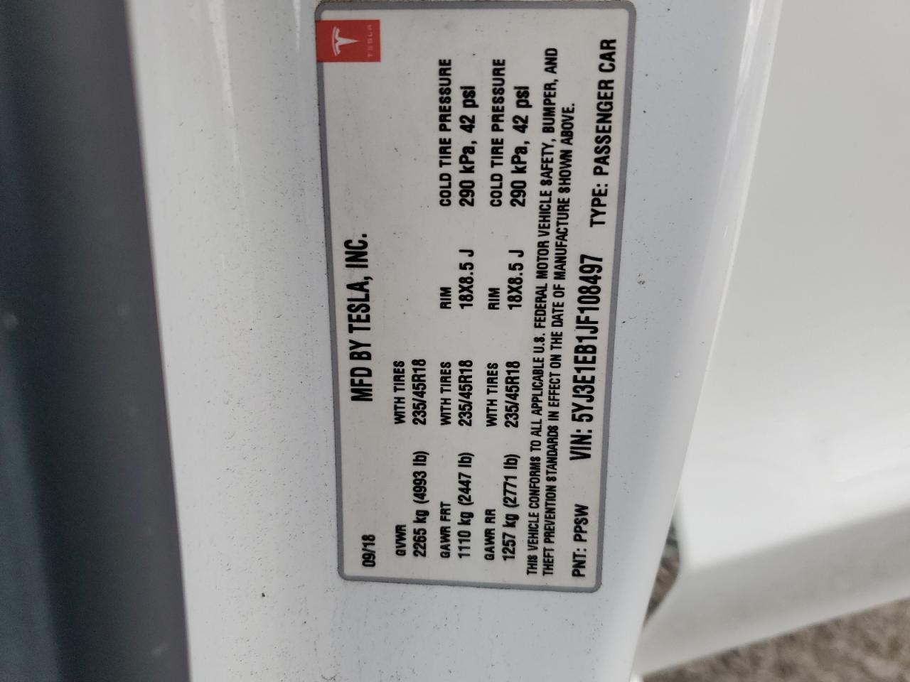 2018 Tesla Model 3 VIN: 5YJ3E1EB1JF108497 Lot: 85654545