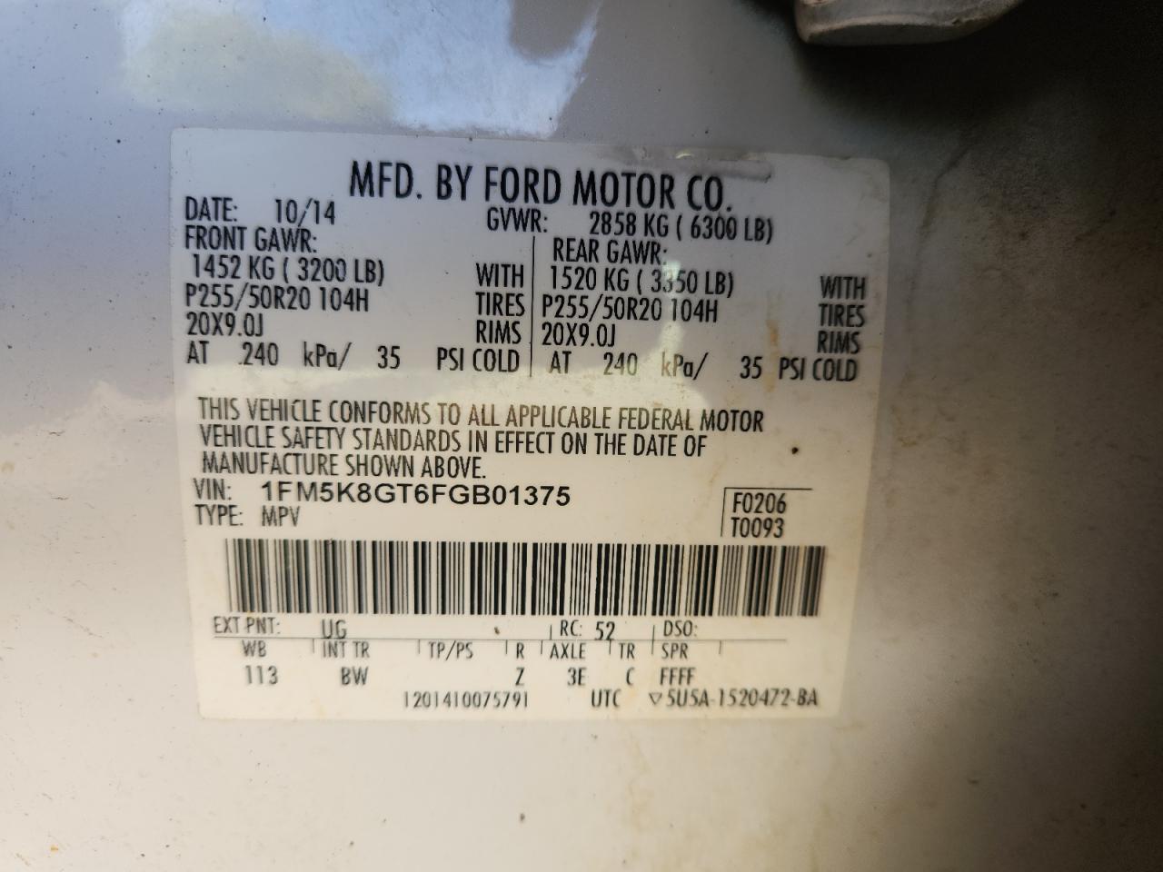 2015 Ford Explorer Sport VIN: 1FM5K8GT6FGB01375 Lot: 85321895