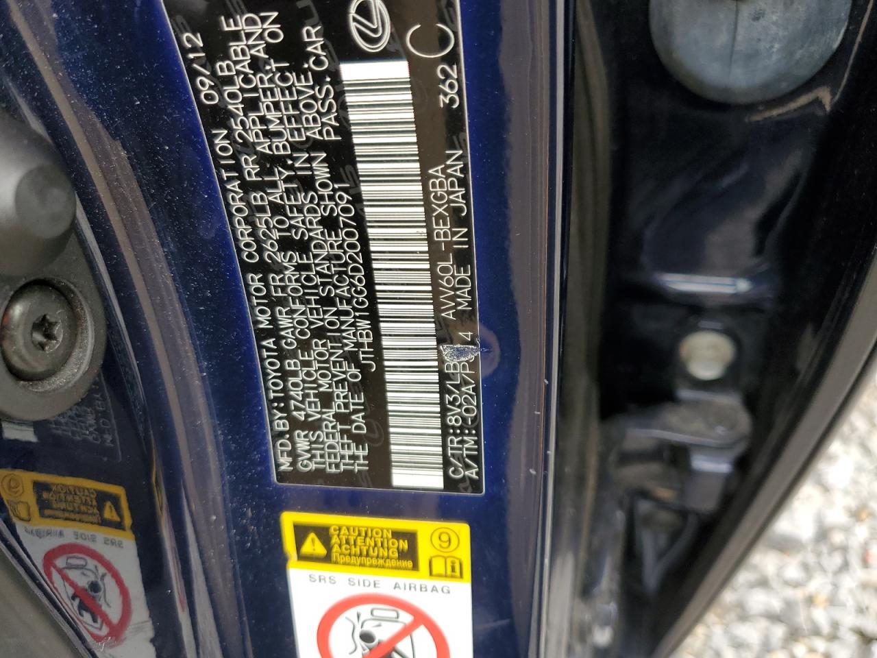 2013 Lexus Es 300H VIN: JTHBW1GG6D2007091 Lot: 85901105