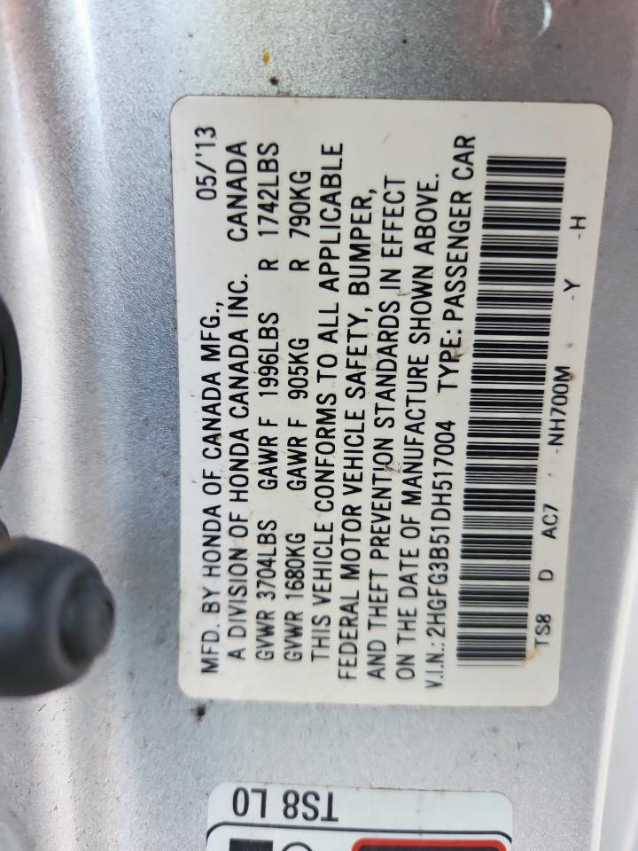 2013 Honda Civic Lx VIN: 2HGFG3B51DH517004 Lot: 85505205