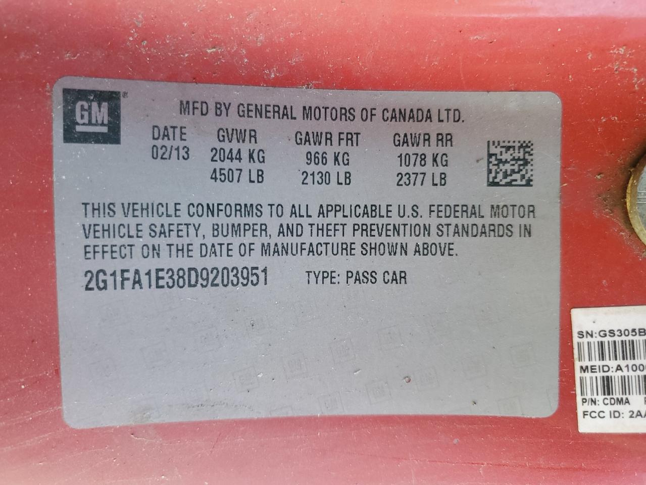 2013 Chevrolet Camaro Ls VIN: 2G1FA1E38D9203951 Lot: 85937005