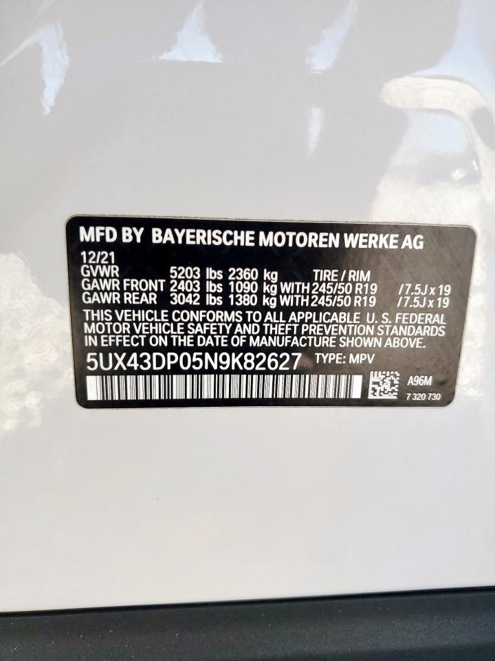 2022 BMW X3 Sdrive30I VIN: 5UX43DP05N9K82627 Lot: 82409765