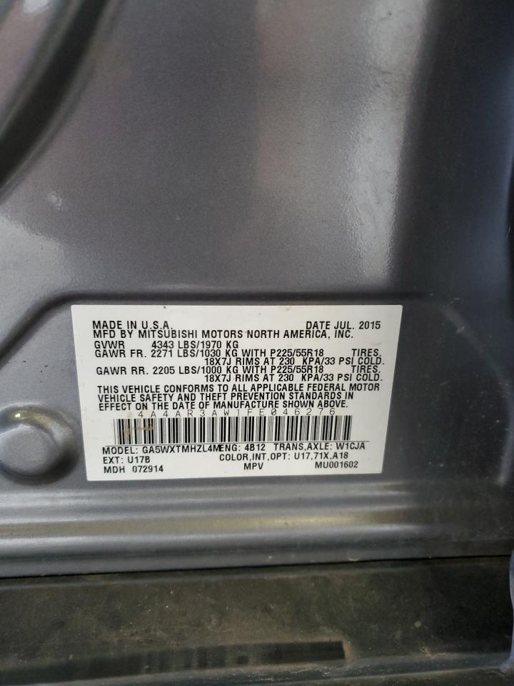 2015 Mitsubishi Outlander Sport Es VIN: 4A4AR3AW1FE046276 Lot: 84737835