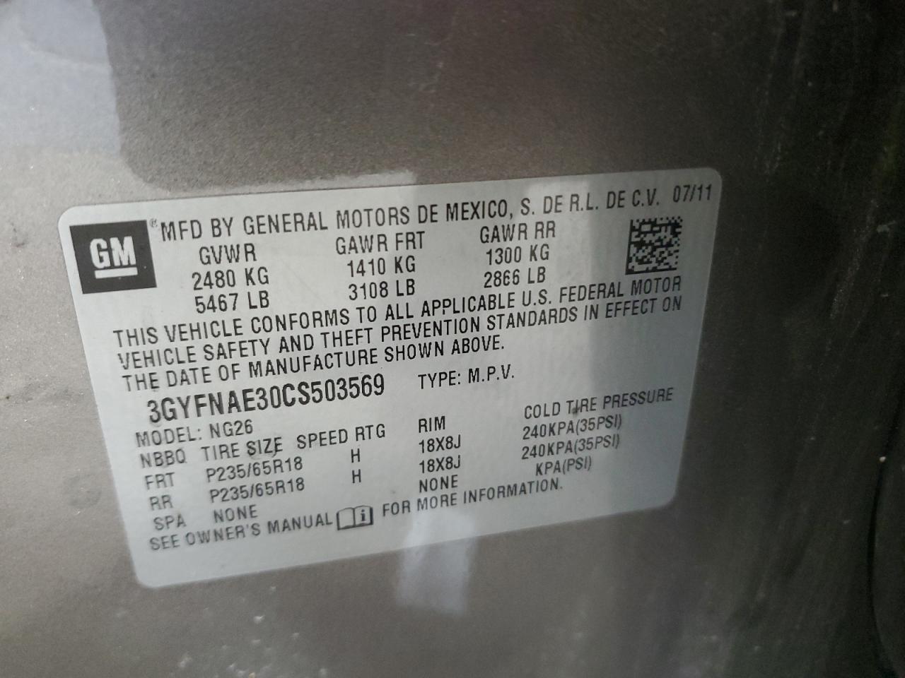 2012 Cadillac Srx Luxury Collection VIN: 3GYFNAE30CS503569 Lot: 86605465