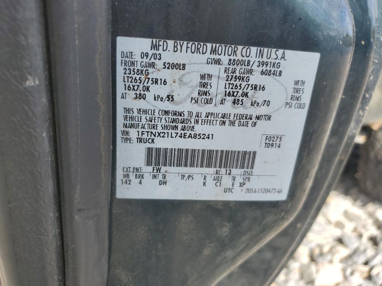 2004 Ford F250 Super Duty VIN: 1FTNX21L74EA85241 Lot: 86622985