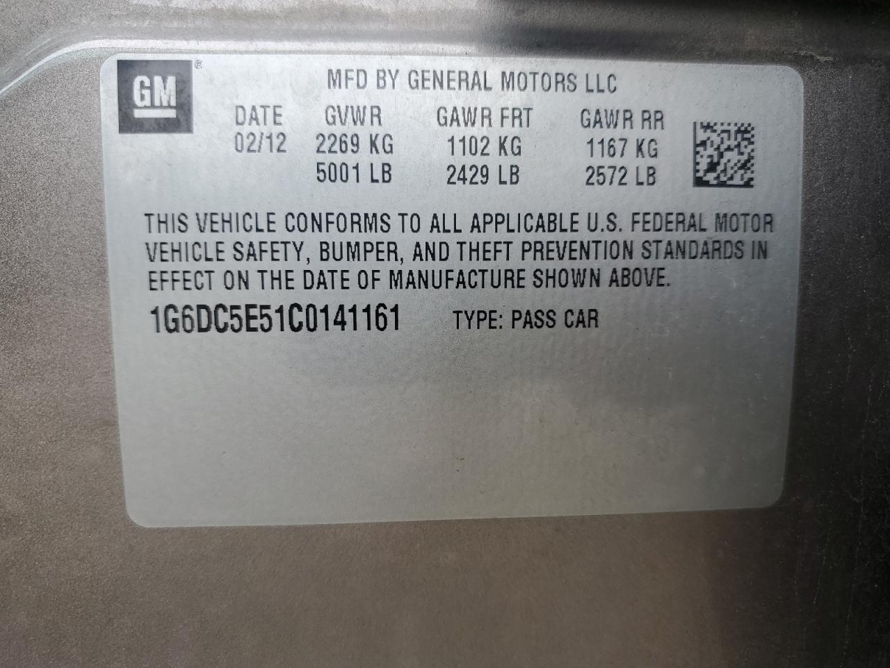 2012 Cadillac Cts VIN: 1G6DC5E51C0141161 Lot: 85154785