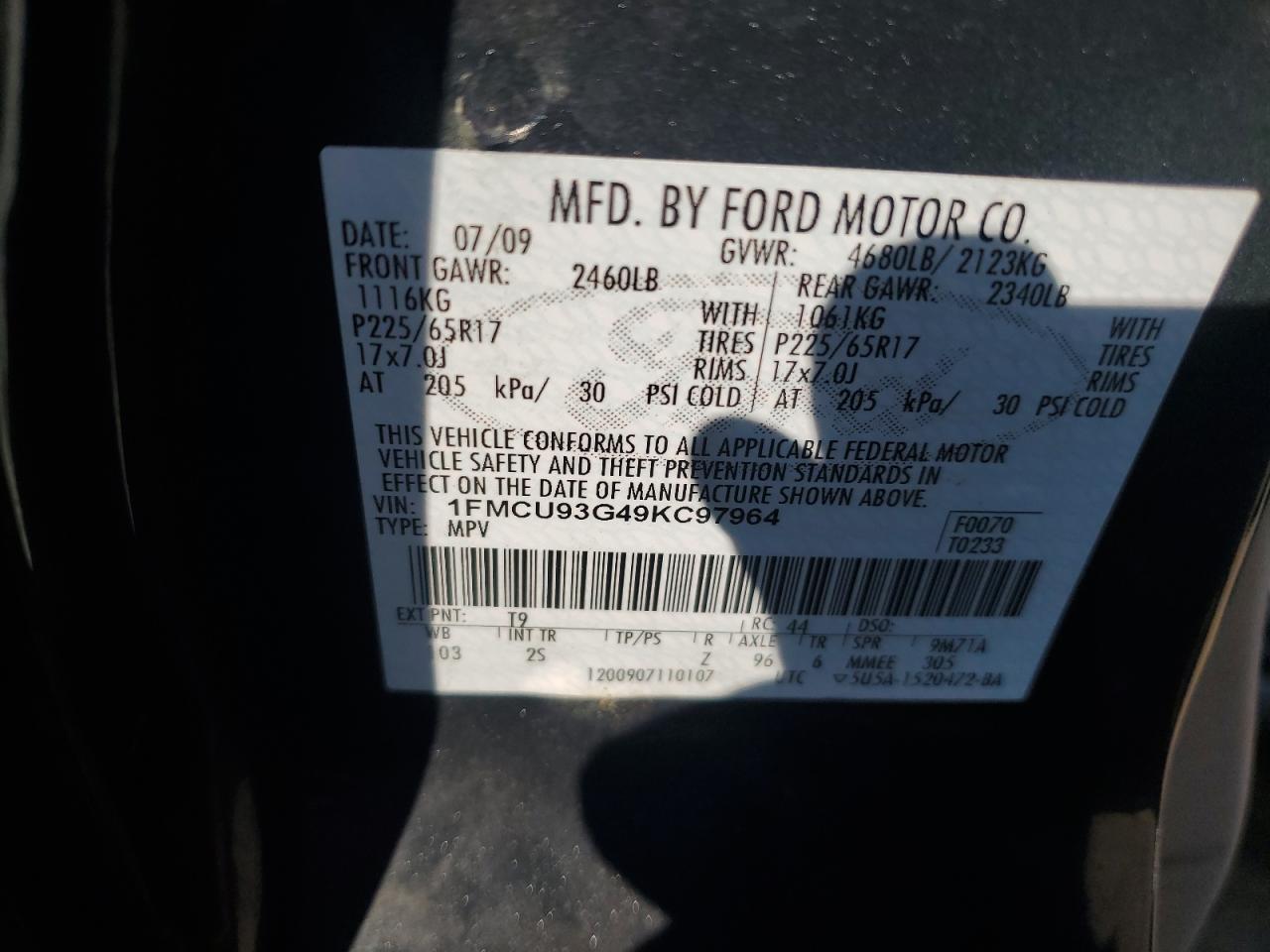 2009 Ford Escape Xlt VIN: 1FMCU93G49KC97964 Lot: 82491385