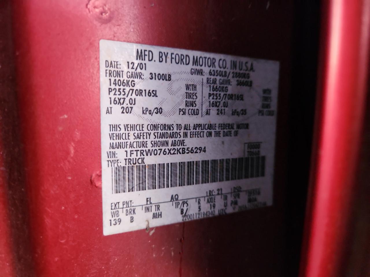 2002 Ford F150 Supercrew VIN: 1FTRW076X2KB56294 Lot: 87041995