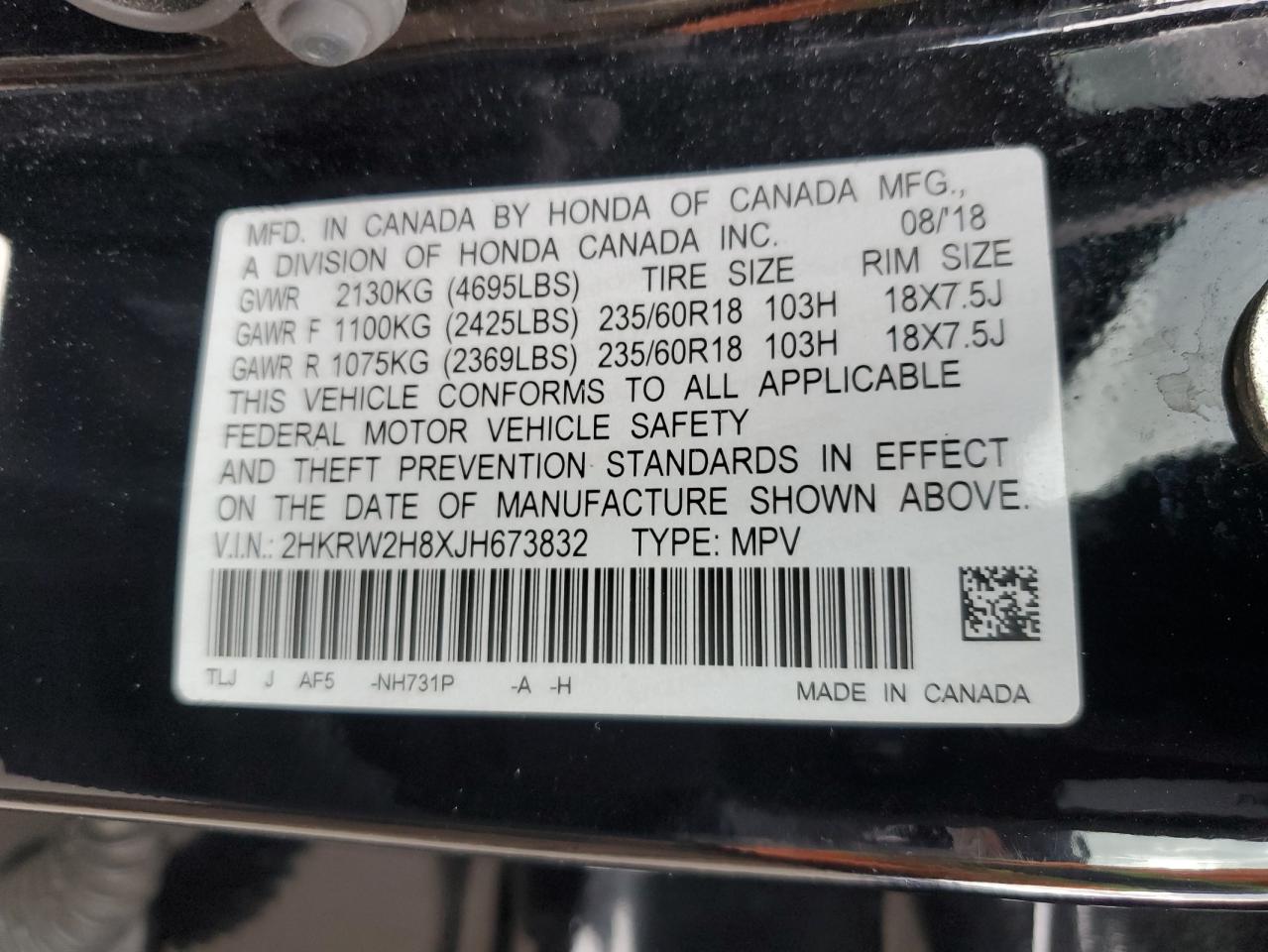 2018 Honda Cr-V Exl VIN: 2HKRW2H8XJH673832 Lot: 91032645