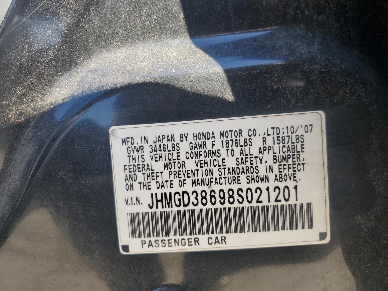 2008 Honda Fit Sport VIN: JHMGD38698S021201 Lot: 85871605