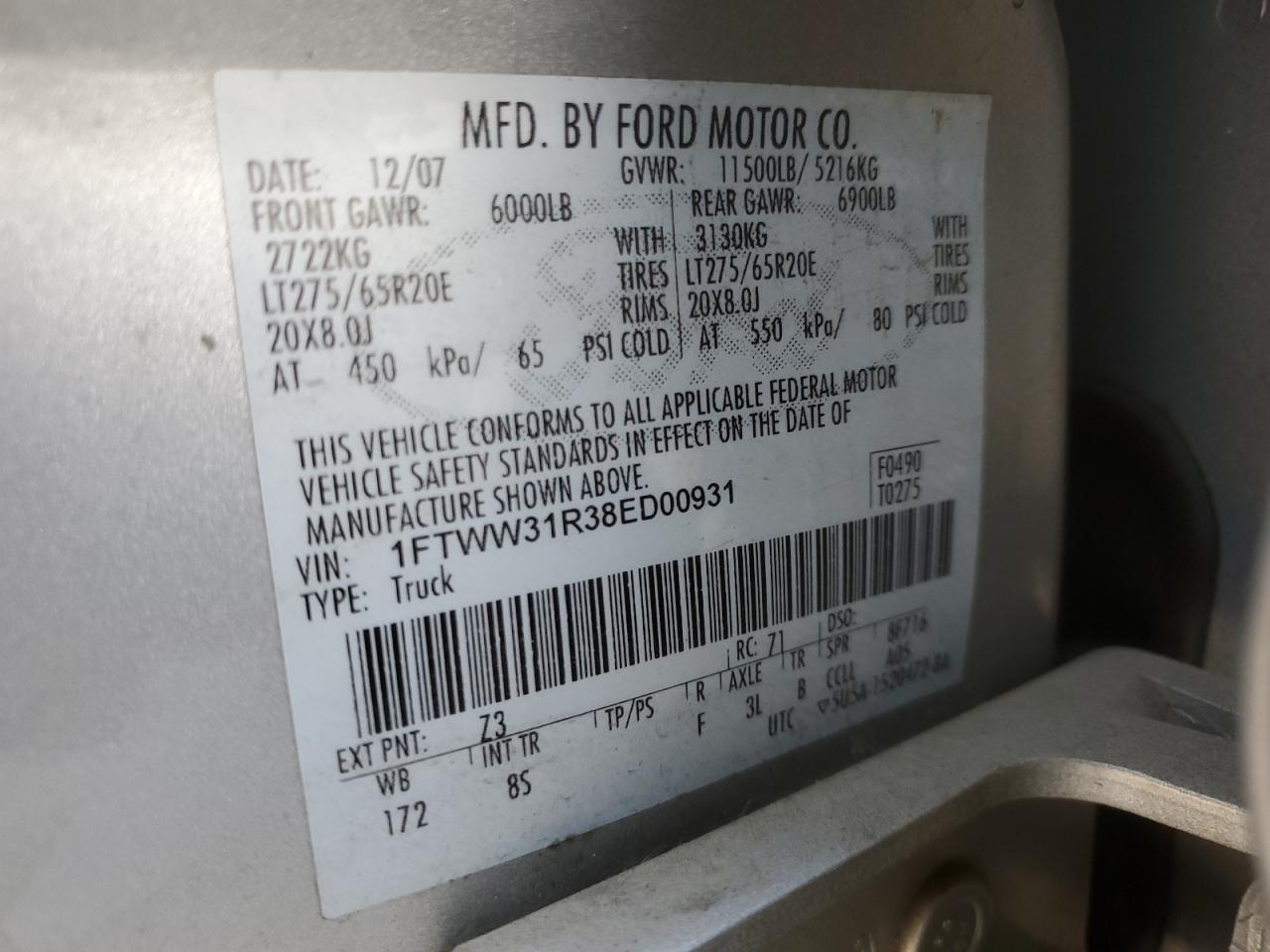 2008 Ford F350 Srw Super Duty VIN: 1FTWW31R38ED00931 Lot: 80820615