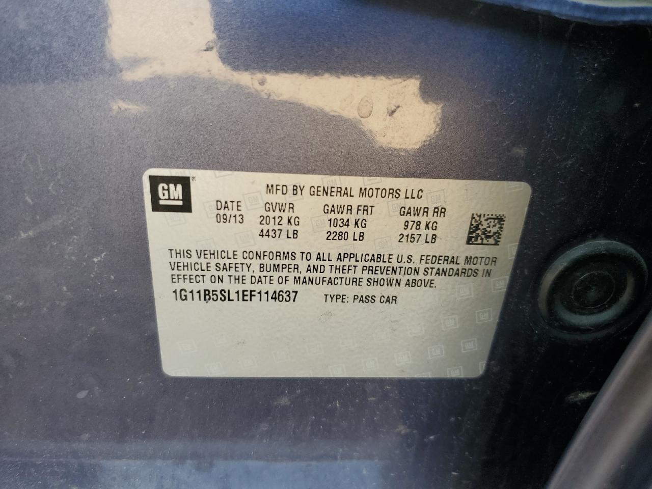 2014 Chevrolet Malibu Ls VIN: 1G11B5SL1EF114637 Lot: 85118955