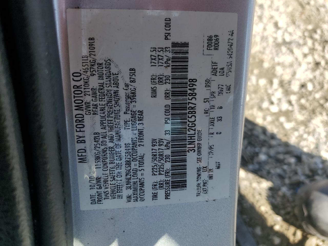 2011 Lincoln Mkz VIN: 3LNHL2GC5BR758498 Lot: 85702855