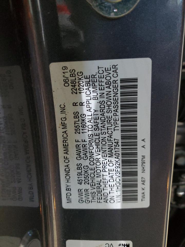 2019 Honda Accord Touring Hybrid VIN: 1HGCV3F92KA017547 Lot: 86169885