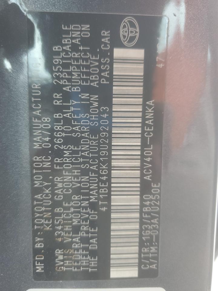 2009 Toyota Camry Base VIN: 4T1BE46K19U292043 Lot: 85100455