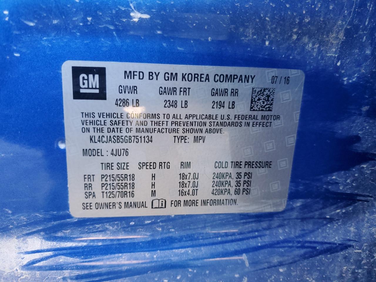 2016 Buick Encore VIN: KL4CJASB5GB751134 Lot: 82338525