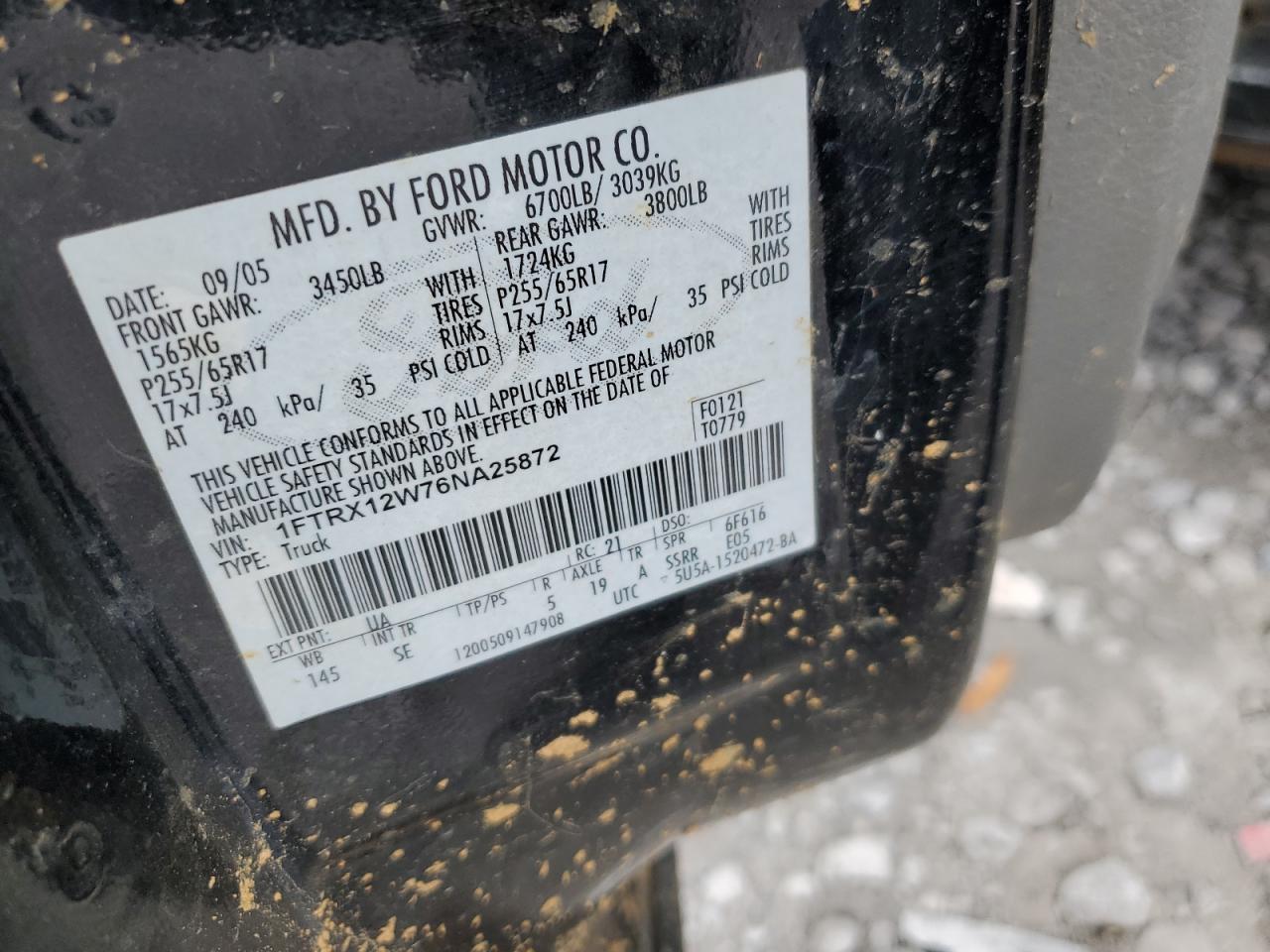 2006 Ford F150 VIN: 1FTRX12W76NA25872 Lot: 82760795