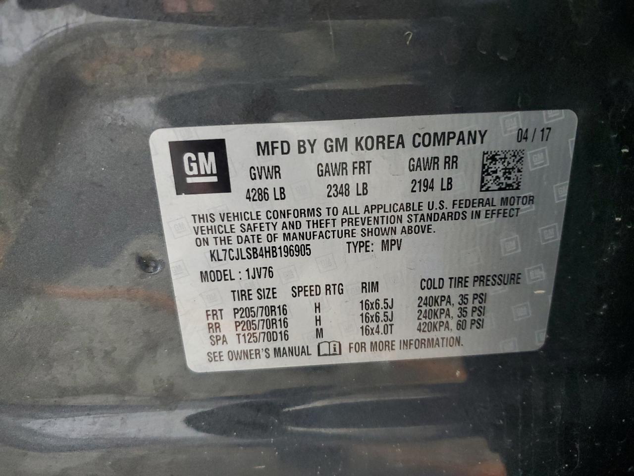 2017 Chevrolet Trax 1Lt VIN: KL7CJLSB4HB196905 Lot: 86805555