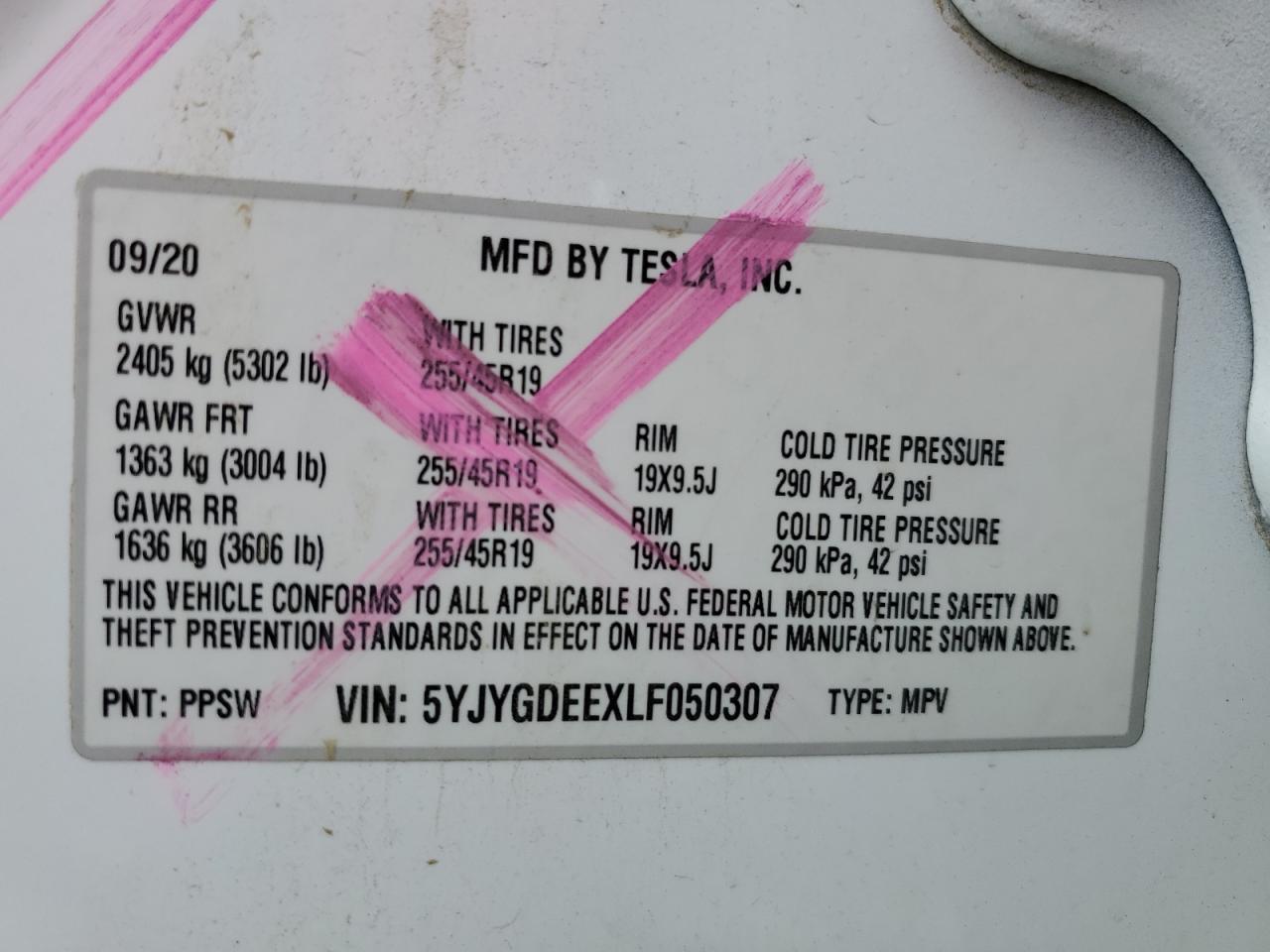 2020 Tesla Model Y VIN: 5YJYGDEEXLF050307 Lot: 86093245