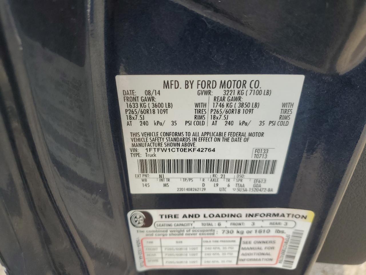 2014 Ford F150 Supercrew VIN: 1FTFW1CT0EKF42764 Lot: 82301065