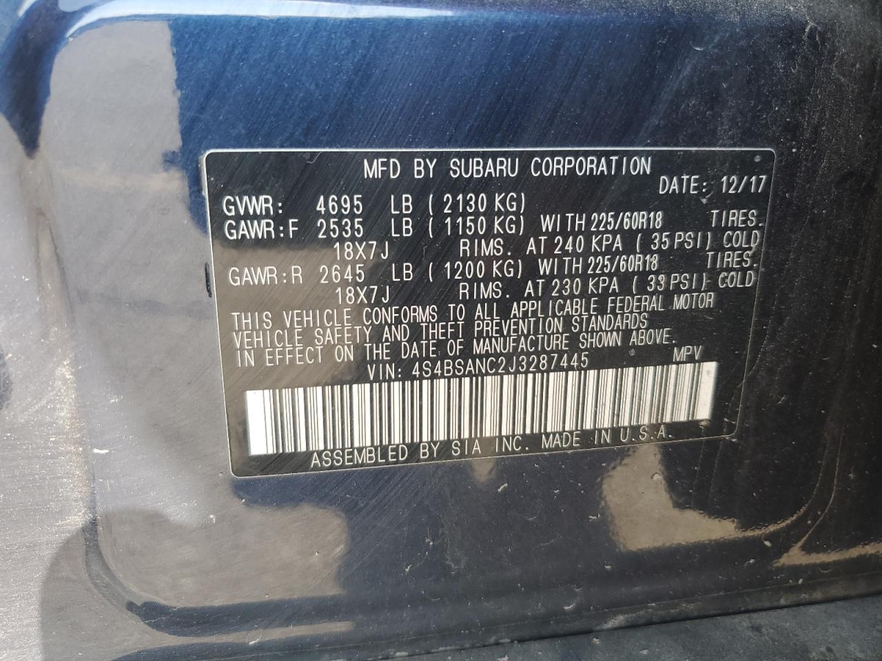 2018 Subaru Outback 2.5I Limited VIN: 4S4BSANC2J3287445 Lot: 82137865