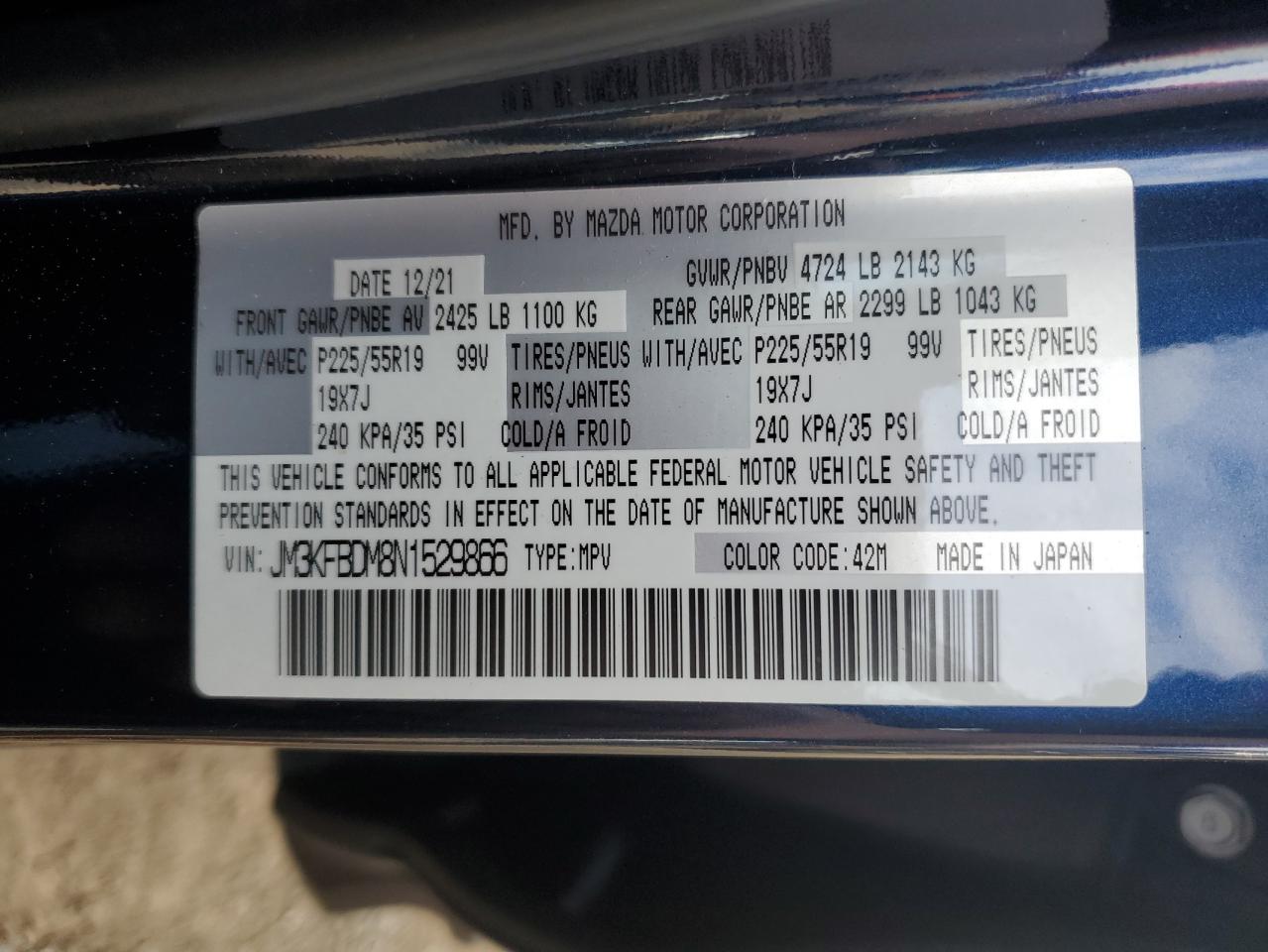 2022 Mazda Cx-5 Premium VIN: JM3KFBDM8N1529866 Lot: 89534425