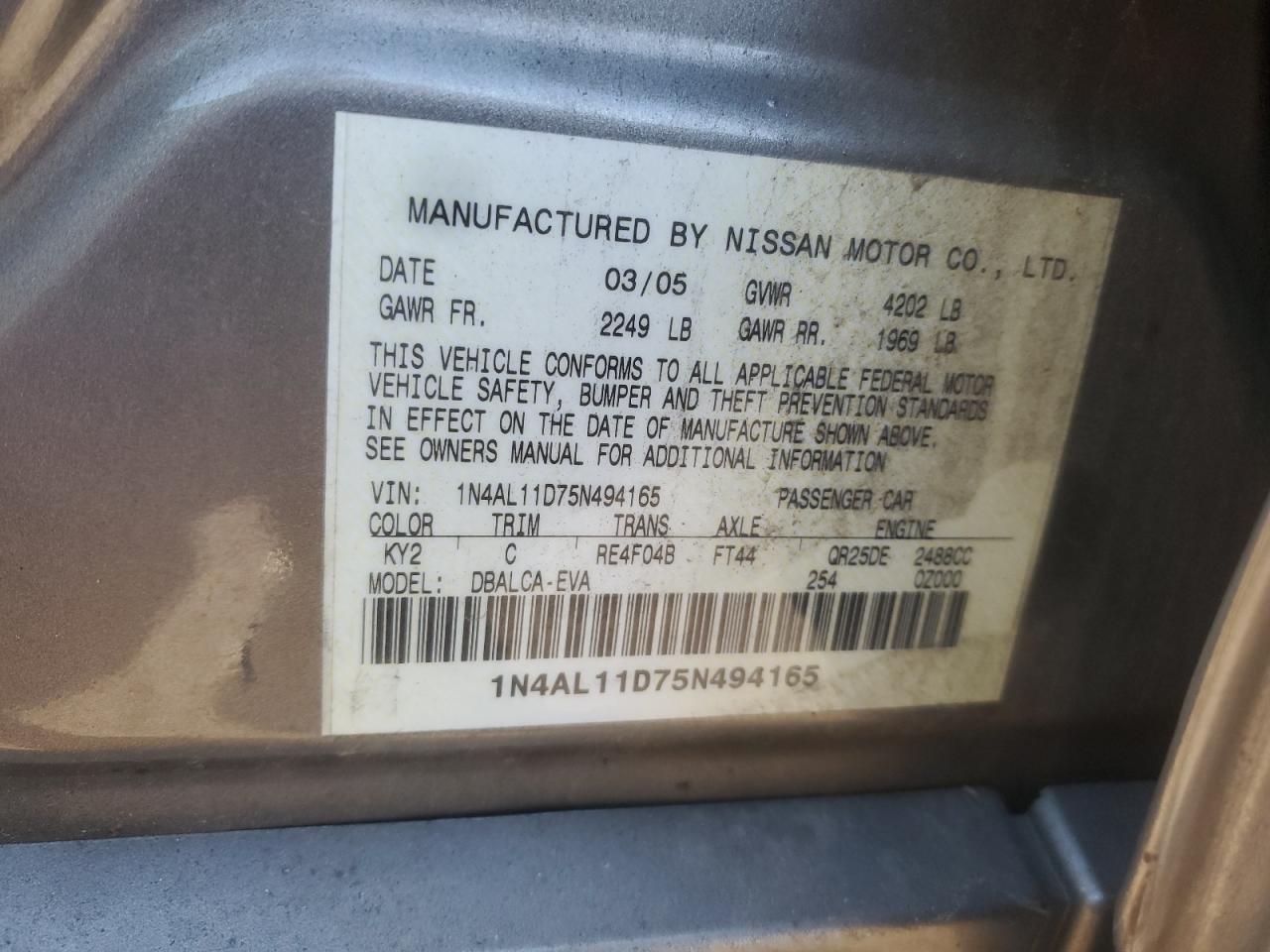 2005 Nissan Altima S VIN: 1N4AL11D75N494165 Lot: 85578685