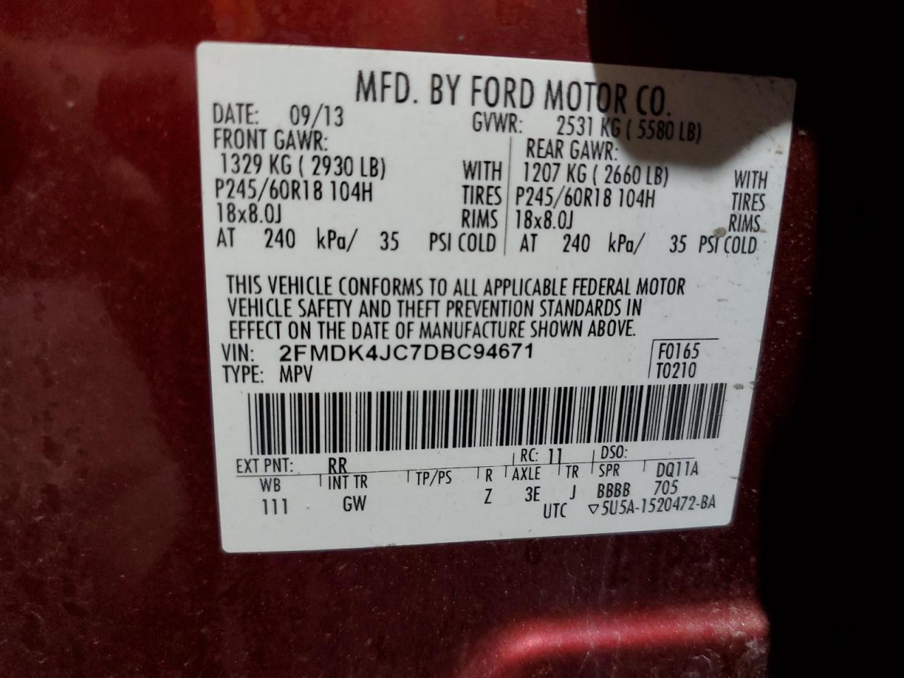 2013 Ford Edge Sel VIN: 2FMDK4JC7DBC94671 Lot: 86774195