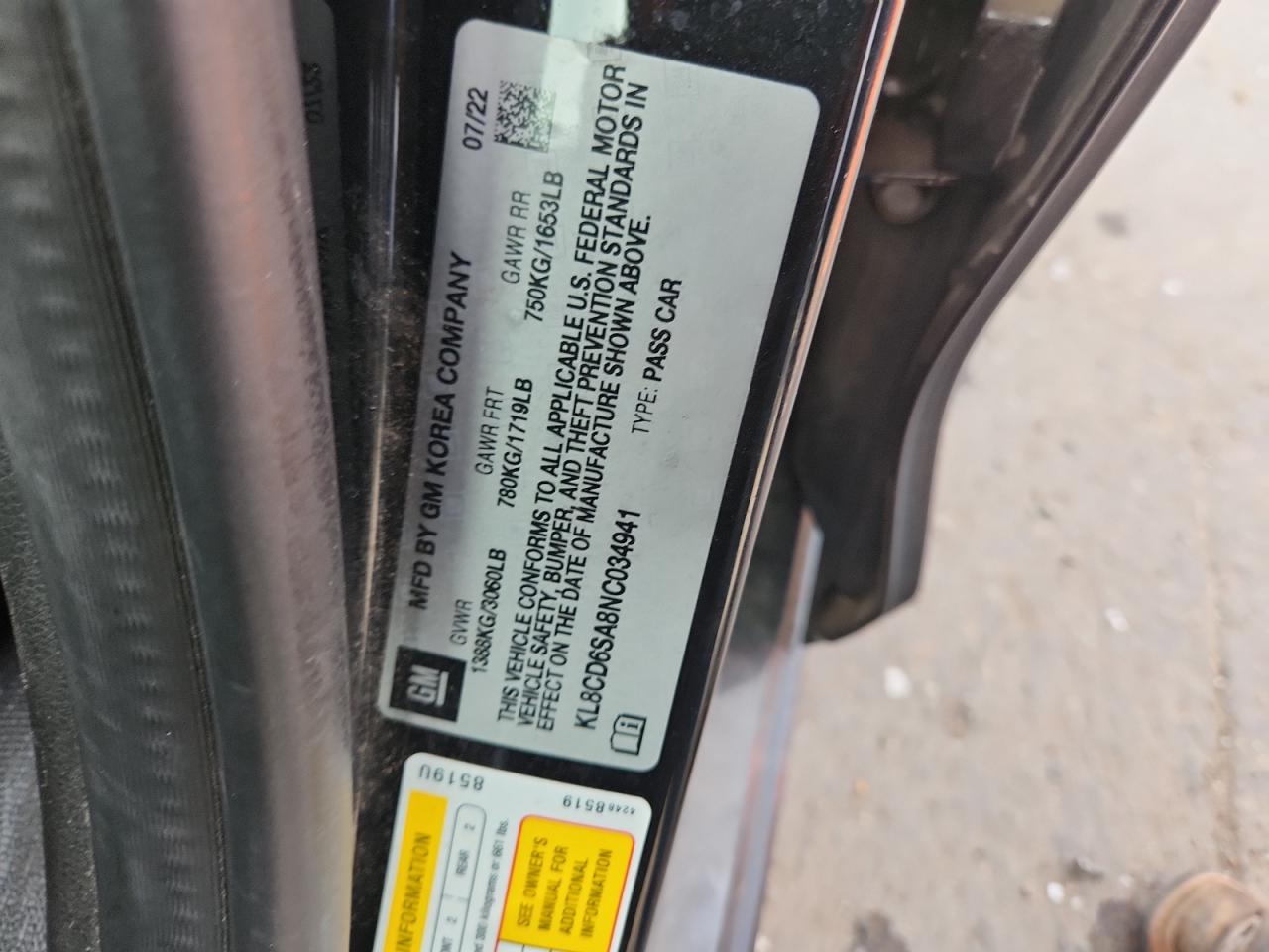 2022 Chevrolet Spark 1Lt VIN: KL8CD6SA8NC034941 Lot: 86277625