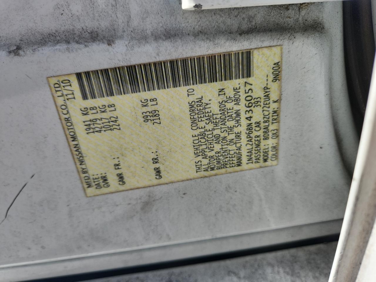 2011 Nissan Altima Base VIN: 1N4AL2AP6BN436057 Lot: 82255095