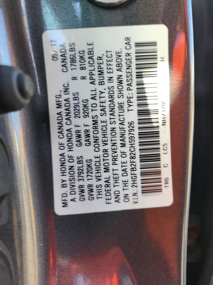 2012 Honda Civic Ex VIN: 2HGFB2F82CH597926 Lot: 86283855