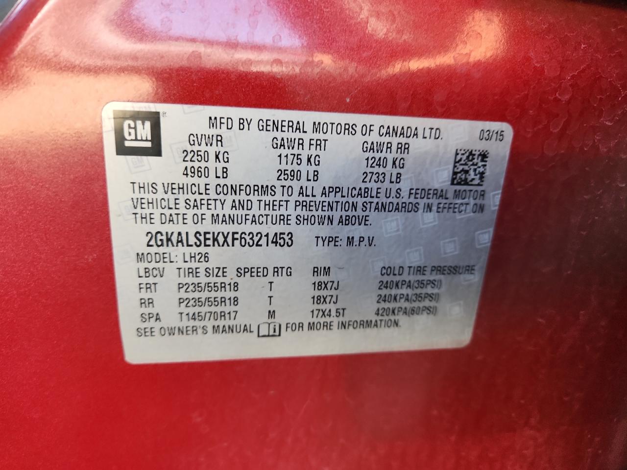 2015 GMC Terrain Slt VIN: 2GKALSEKXF6321453 Lot: 90826975