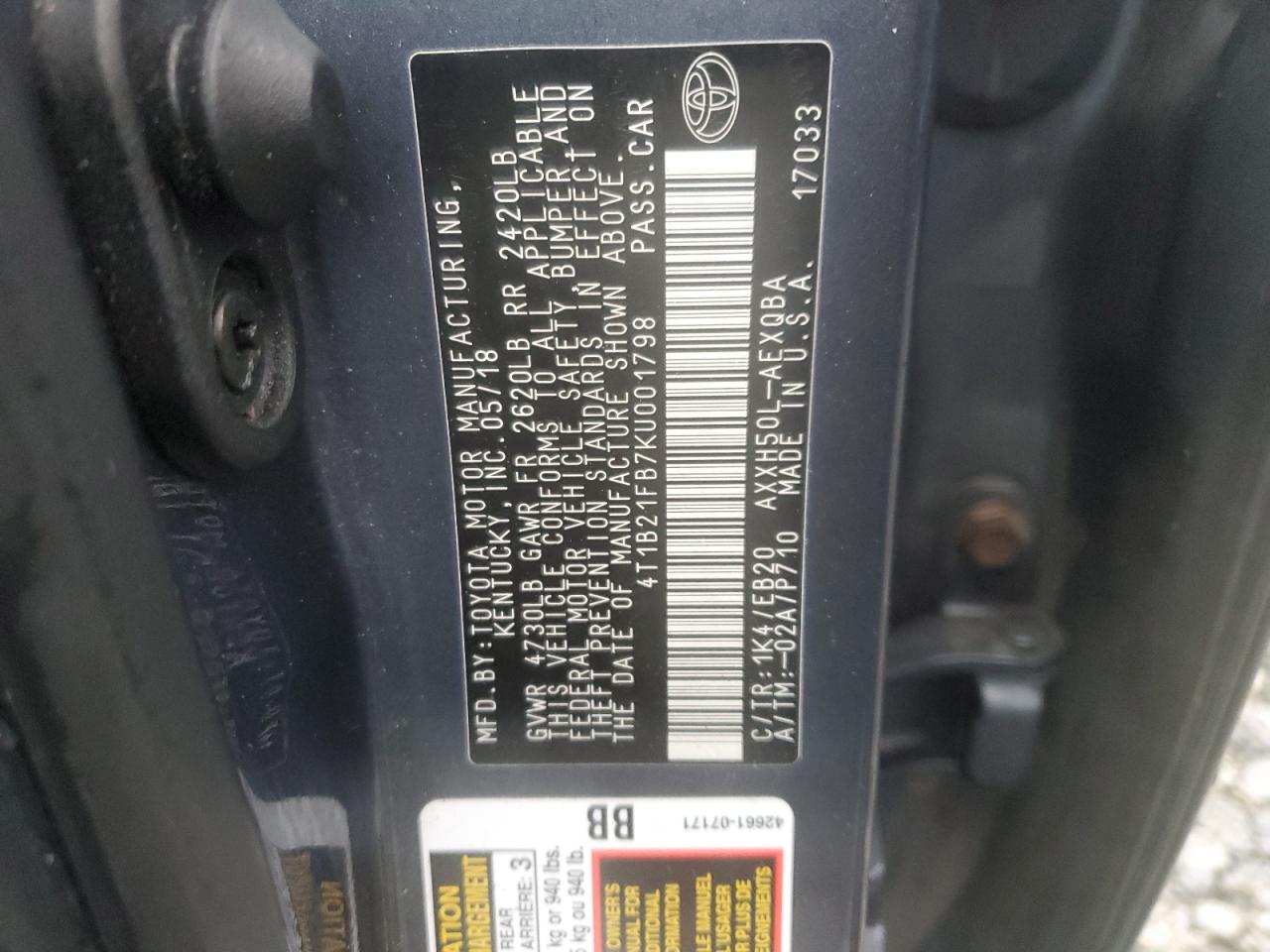 2019 Toyota Avalon Xle VIN: 4T1B21FB7KU001798 Lot: 90410545