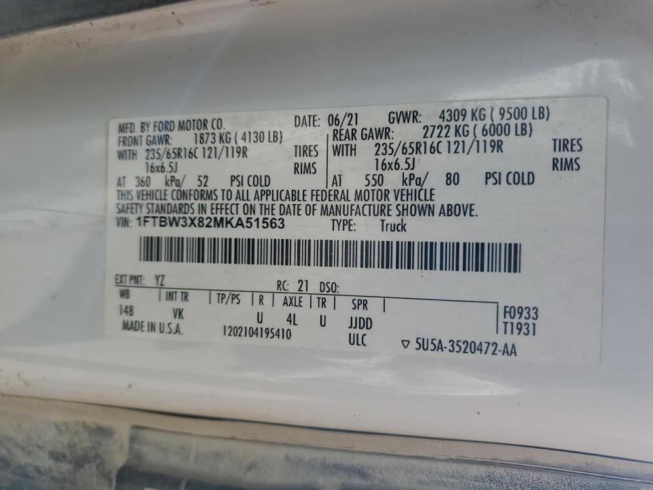 2021 Ford Transit Delivery Van VIN: 1FTBW3X83MKA51488 Lot: 82697765