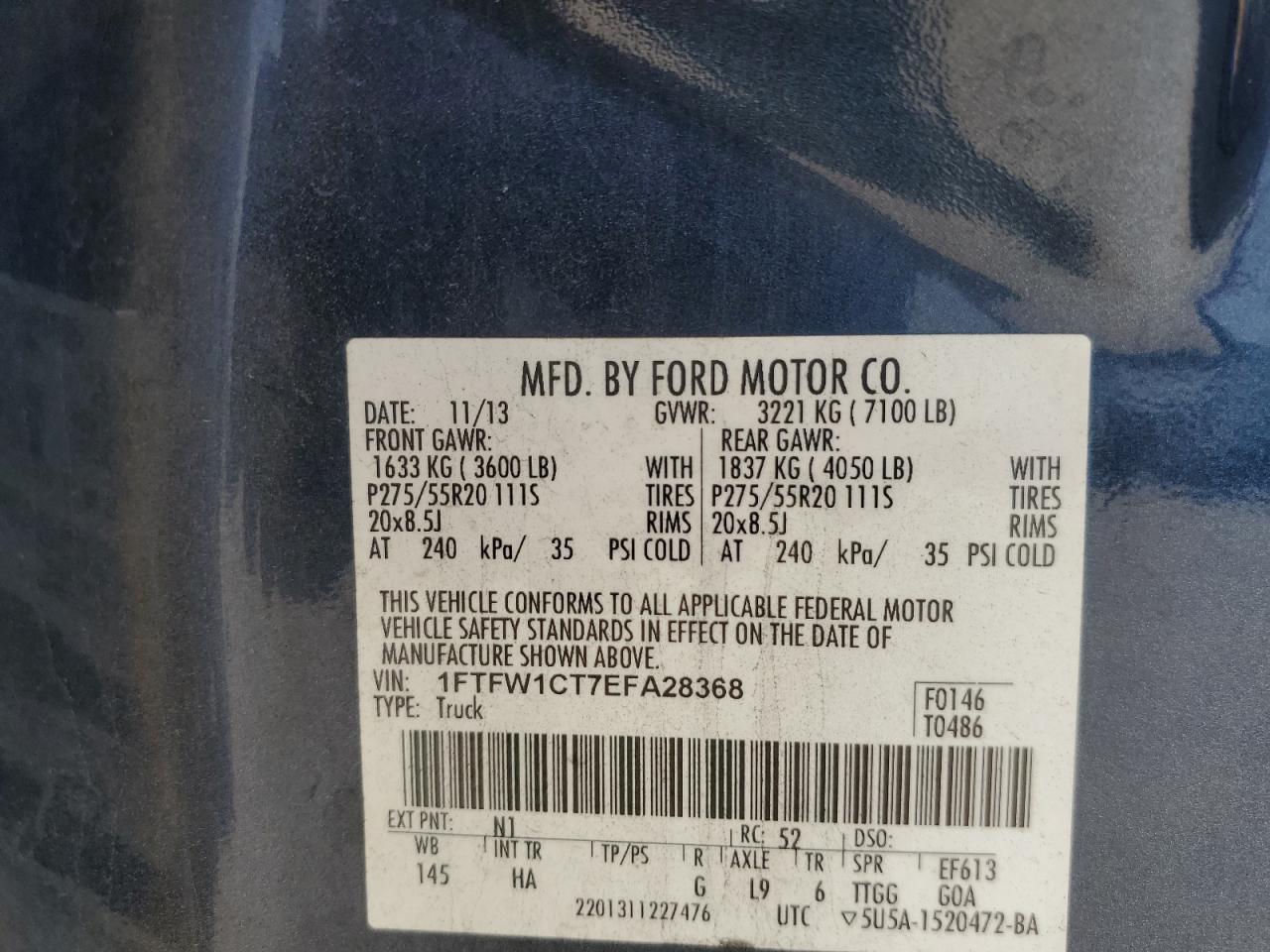 2014 Ford F150 Supercrew VIN: 1FTFW1CT7EFA28368 Lot: 82735245