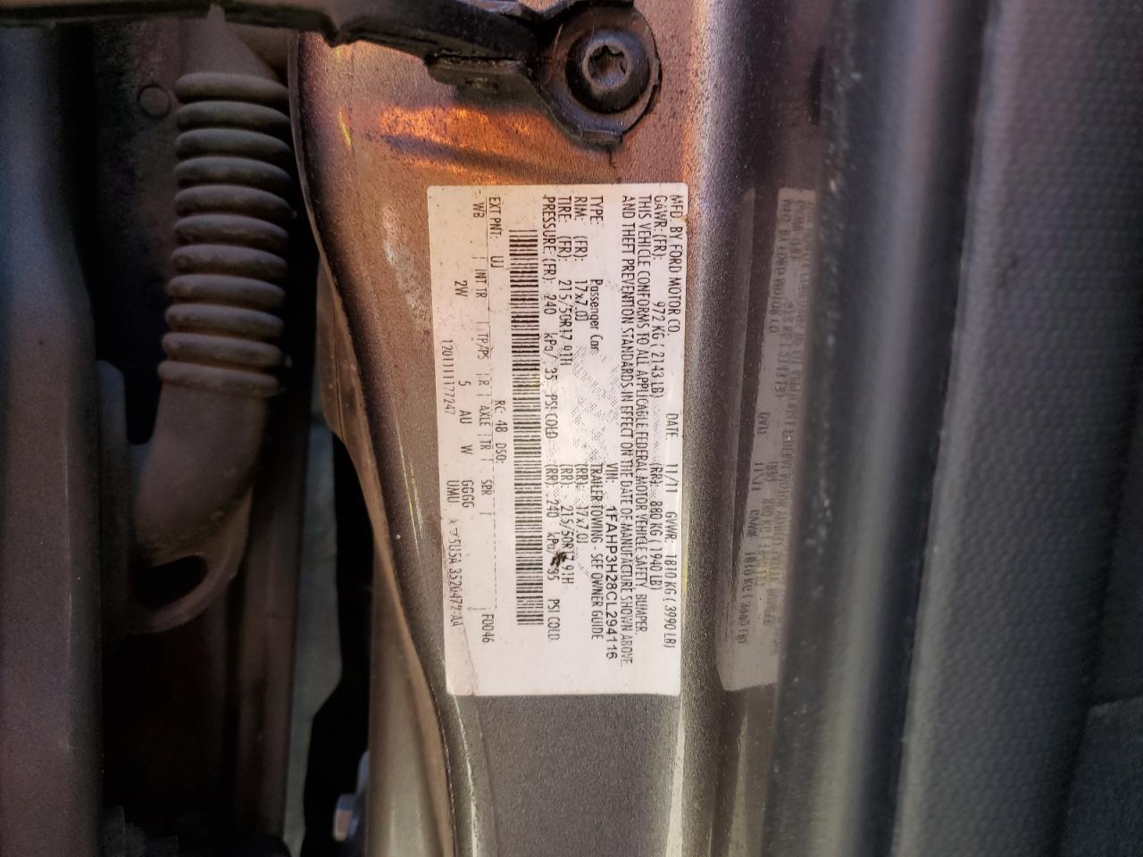 2012 Ford Focus Sel VIN: 1FAHP3H28CL294116 Lot: 84036145