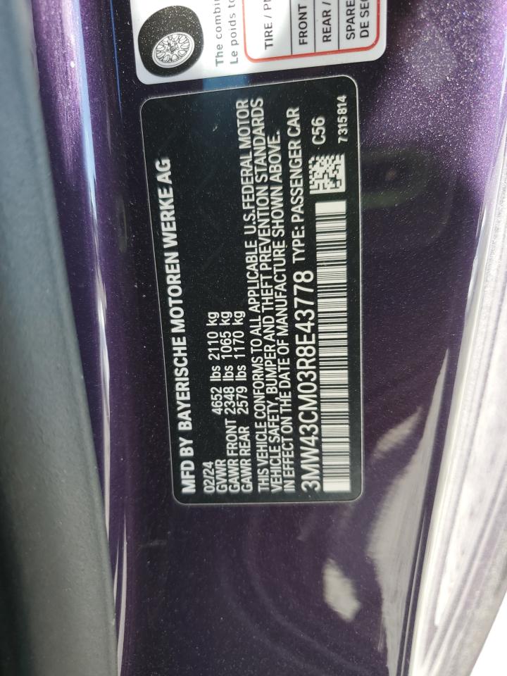 2024 BMW M240I VIN: 3MW43CM03R8E43778 Lot: 86254395