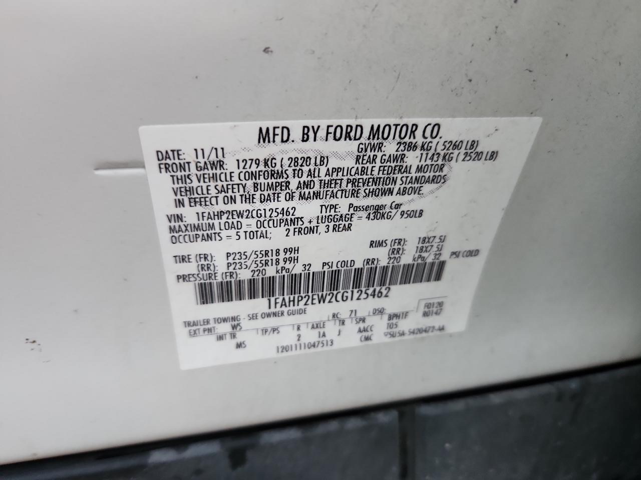 2012 Ford Taurus Sel VIN: 1FAHP2EW2CG125462 Lot: 82623015