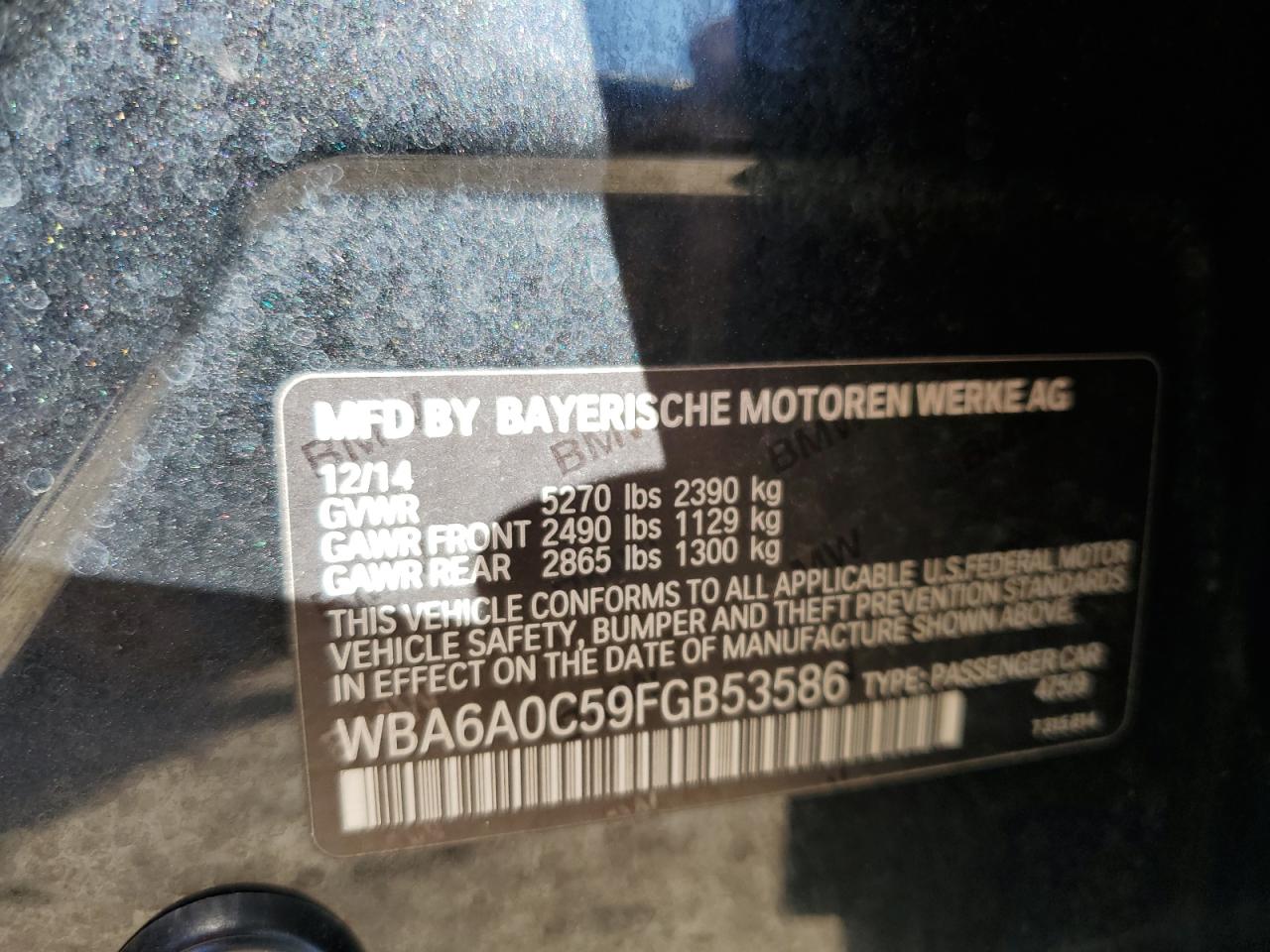 2015 BMW 640 I Gran Coupe VIN: WBA6A0C59FGB53586 Lot: 86070885