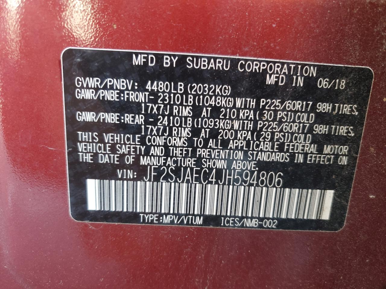 2018 Subaru Forester 2.5I Premium VIN: JF2SJAEC4JH594806 Lot: 85168445
