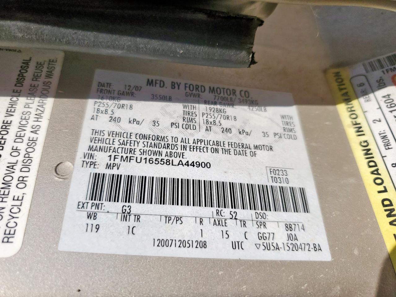 2008 Ford Expedition Xlt VIN: 1FMFU16558LA44900 Lot: 84927835