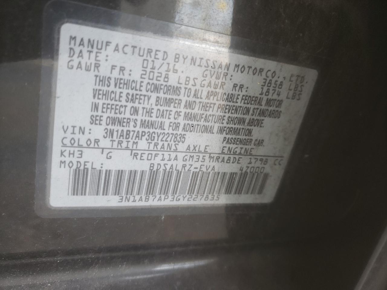 2016 Nissan Sentra S VIN: 3N1AB7AP3GY227835 Lot: 87001395